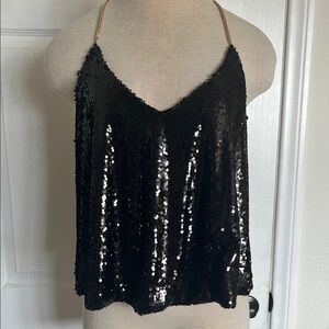Black Sequin Women's Flutter camisole Top with novelty Gold Jewelry Chain Straps